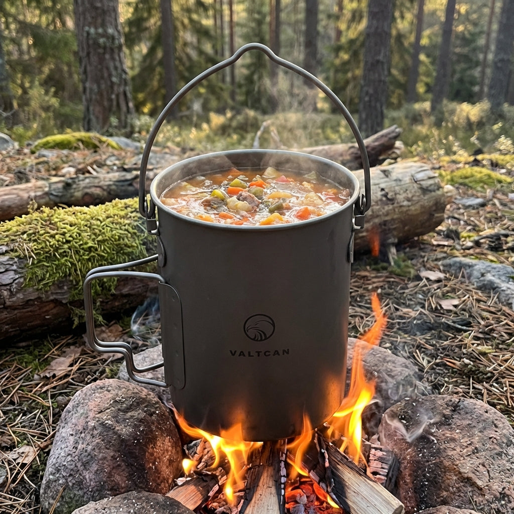 para unosząca się z gotującego garnka z czystą wodą nad ogniskiem