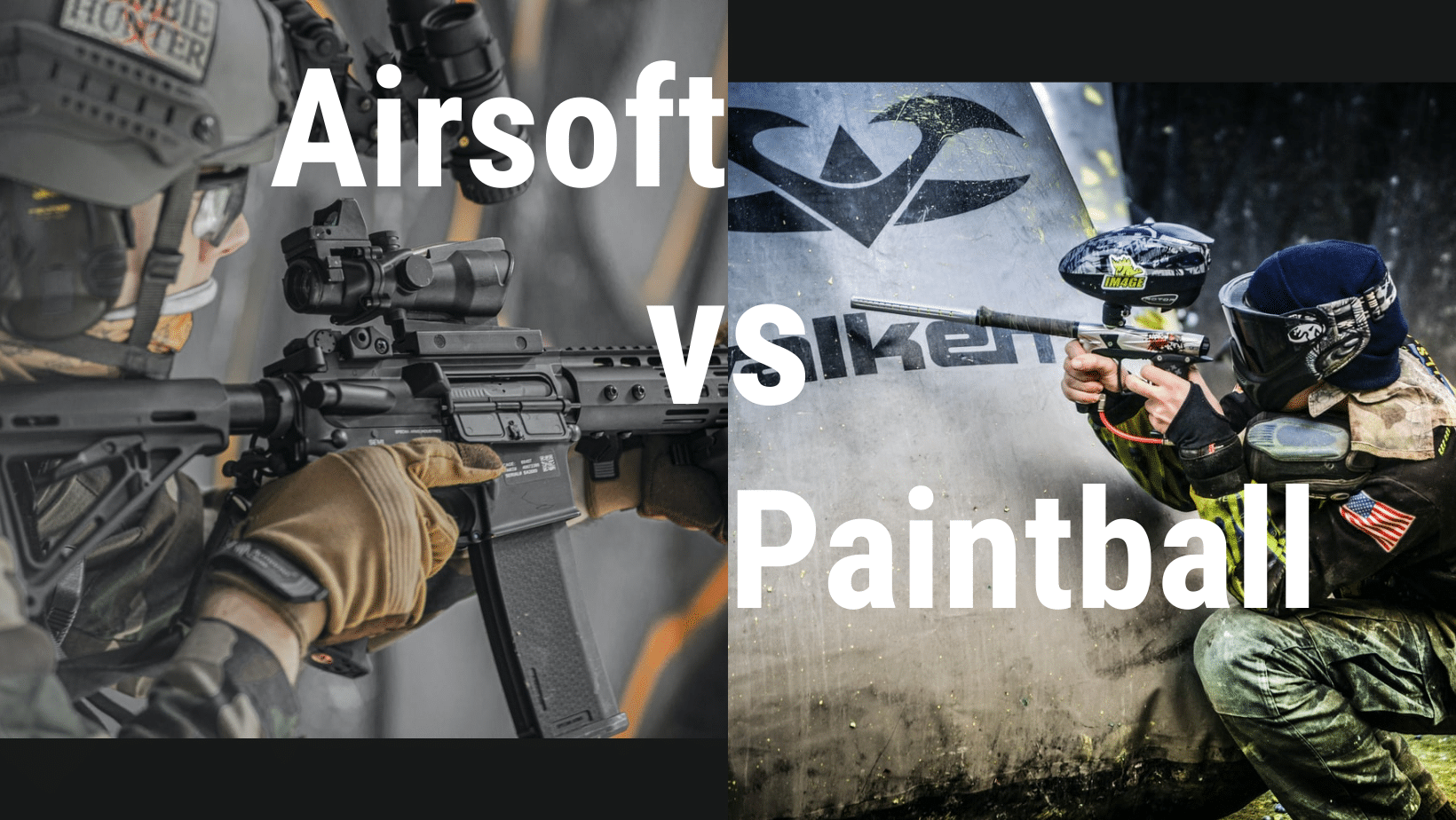 gracze airsoftu i paintballu z bronią stojący obok siebie na polu bitwy