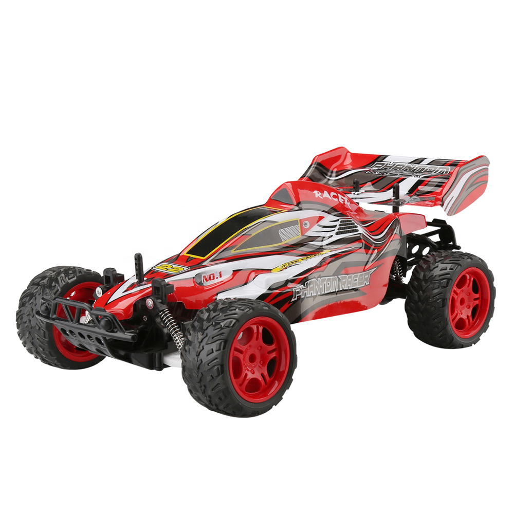 czerwony RC model 4x4 z dużymi kołami jedzie po kamienistej ścieżce w lesie